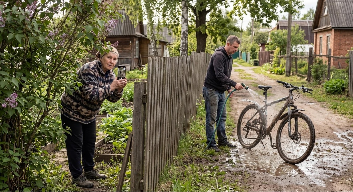 Бдительный соседка снимает на смартфон человека, моющего велосипед за забором в СНТ