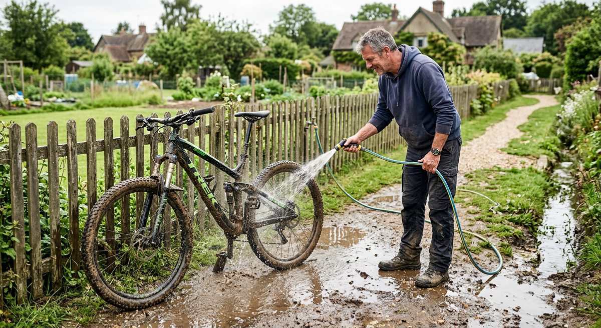 Человек моет грязный велосипед шлангом за забором дачного участка, вода стекает в канаву