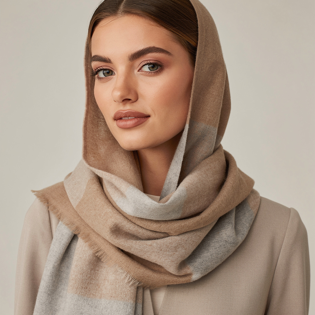Мягко драпированный шарф у лица, с воздухом у шеи и лёгкой вертикалью, выглядит свежее в 2026, чем плотная намотка