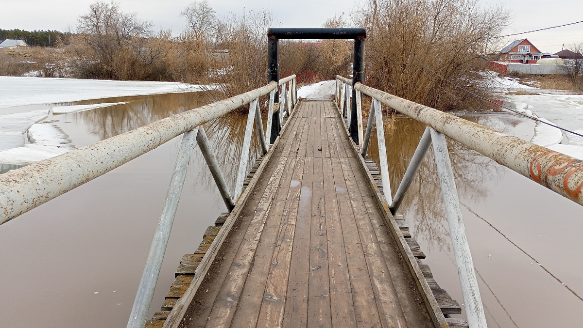 Фото автора канала. Пешеходный мост в нашей деревне. Вода поднимается с каждым днём.