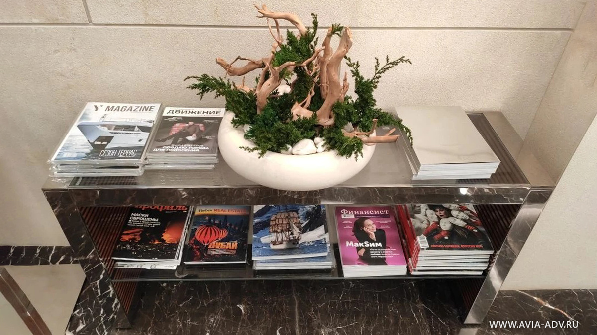 Раскладка рекламной полиграфии в бизнес-залах аэропорта Шереметьево. Авиа Адв.
