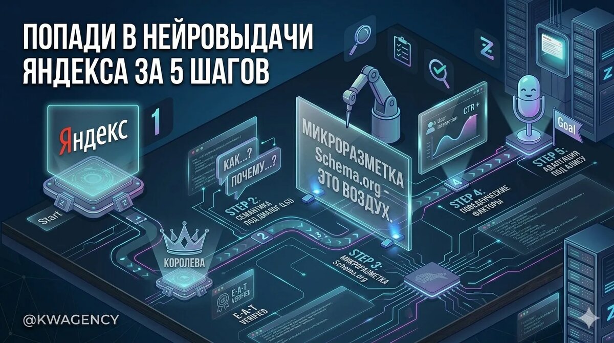 Картинка характеризуем 5 шагов, чтобы попасть в нейровычачу яндекса и гугла