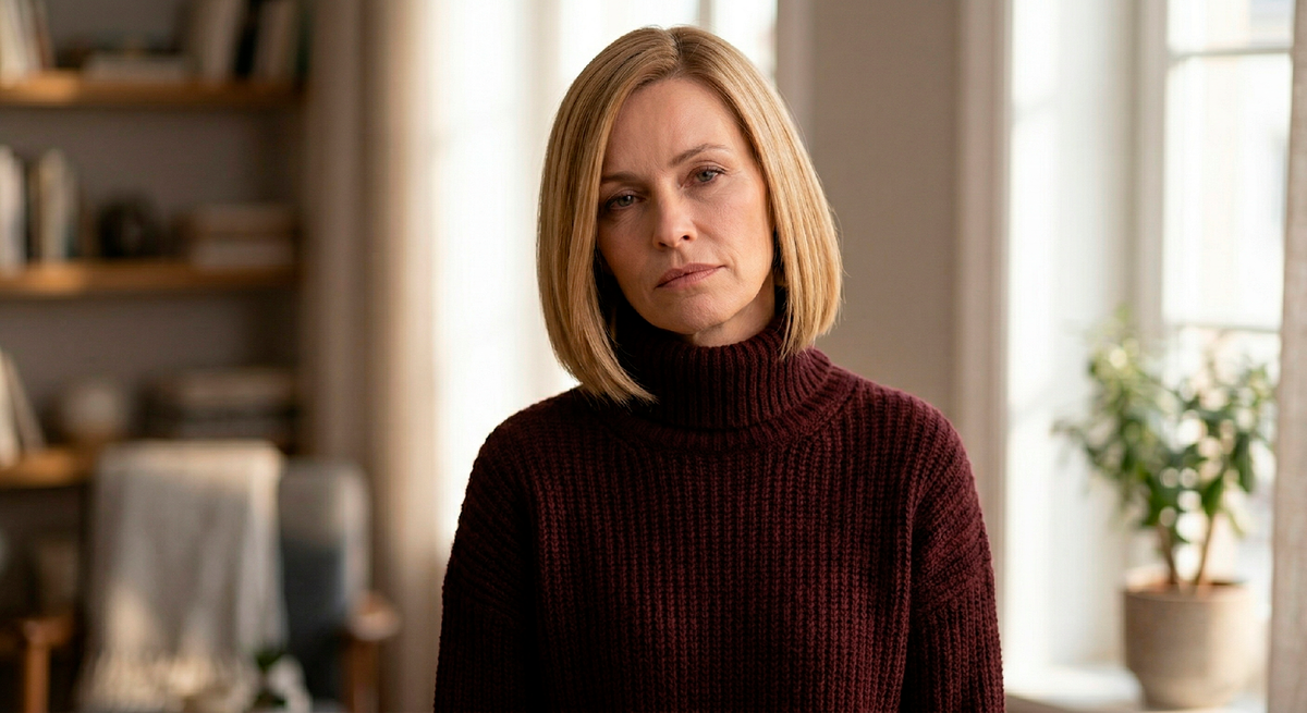 Тёмная водолазка под горло. Тени под глазами сразу становятся глубже.