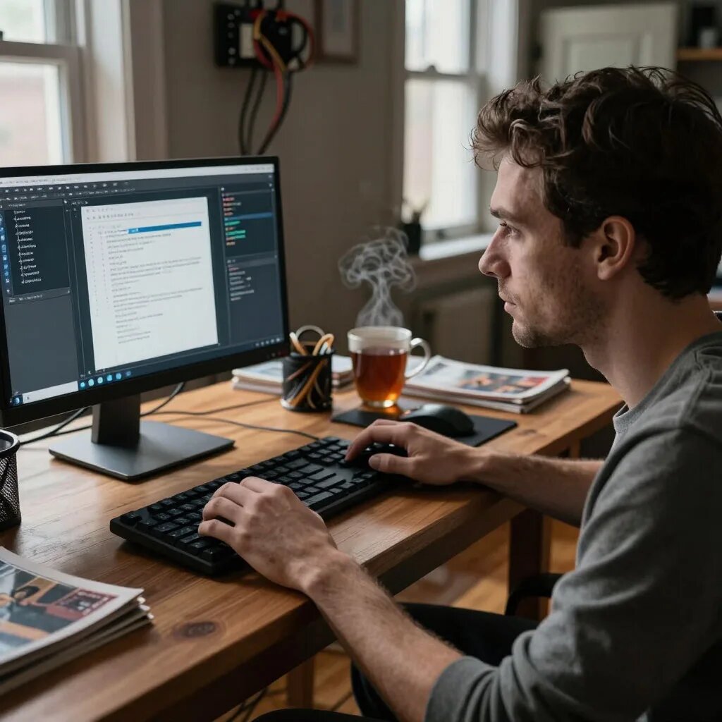 За компьютером. Иллюстрация сгенерирована нейросетью