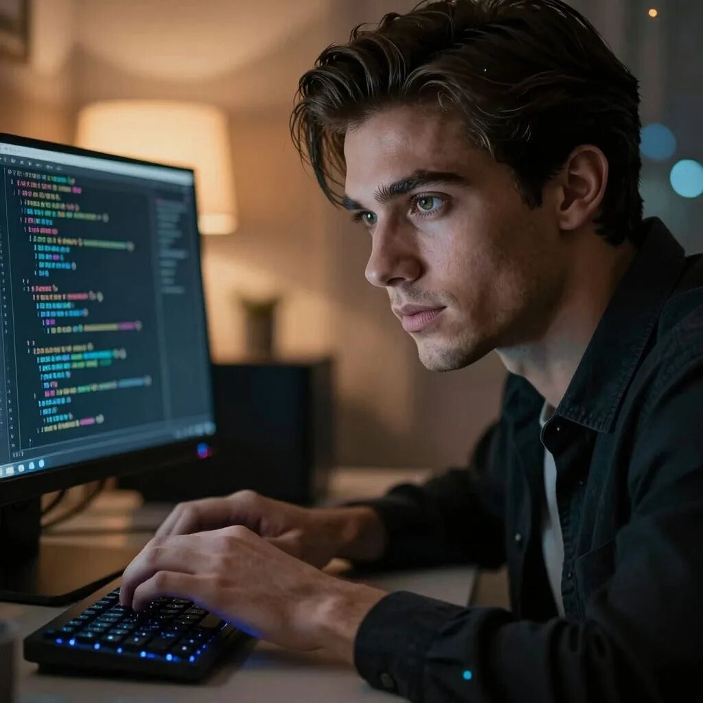 За компьютером. Иллюстрация сгенерирована нейросетью