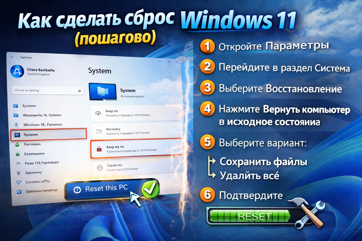 Откройте Параметры, Перейдите в раздел Система, Выберите Восстановление, Нажмите Вернуть компьютер в исходное состояние, Выберите вариант:сохранить файлы или полный сброс до заводских, Подтвердите действие