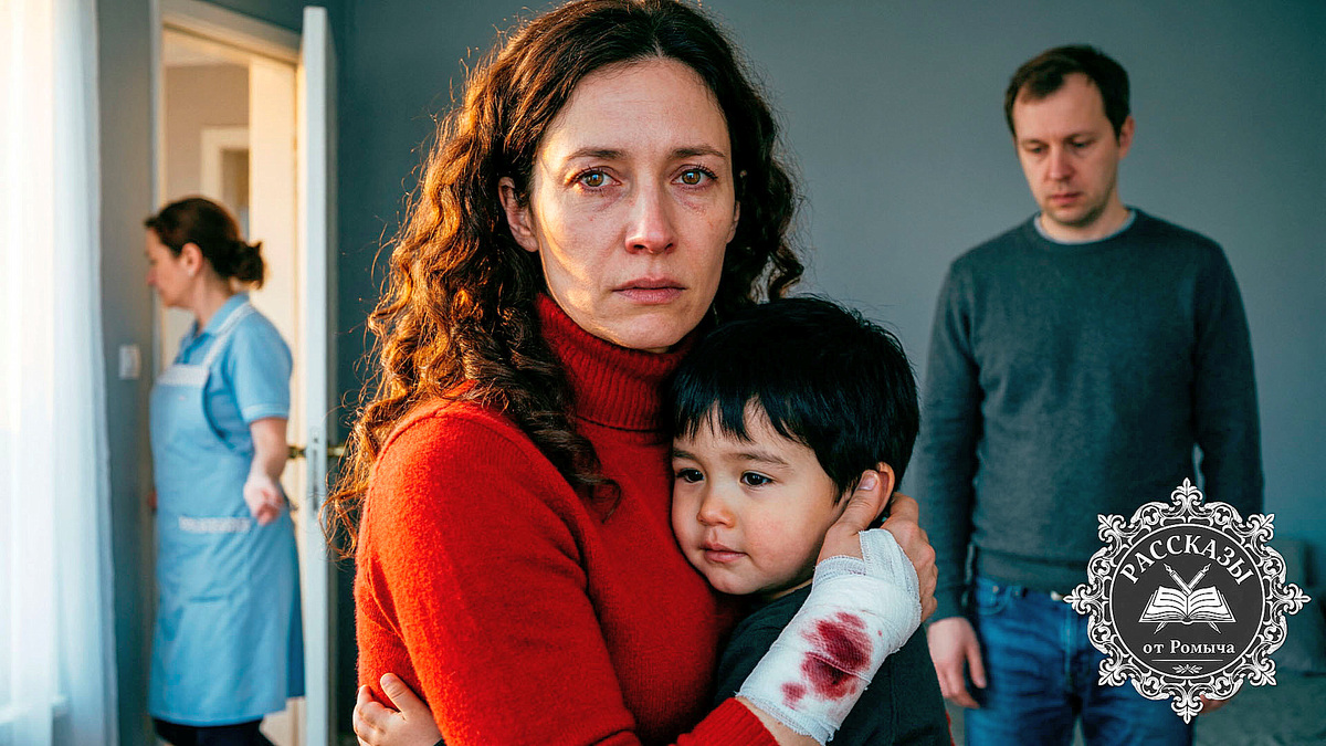 Женщина, темно-русые волосы, карие глаза, в ярко-красном свитере, на руке белая повязка с пятном крови. Она стоит у окна, обнимая маленького сына, на заднем плане в тусклых тонах – растерянный муж и няня, уходящая к двери.