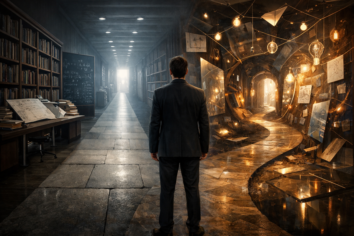 Современный человек стоит в большой библиотеке или рабочем кабинете на развилке двух путей. Слева — прямая каменная дорога, строгая геометрия, книги, формулы, чертежи, холодный рациональный свет. Справа — путь, уходящий в сторону через необычное пространство с зеркалами, набросками, символами идей, пересекающимися линиями и неожиданными визуальными ассоциациями. Атмосфера интеллектуального выбора между прямой логикой и нестандартным мышлением.