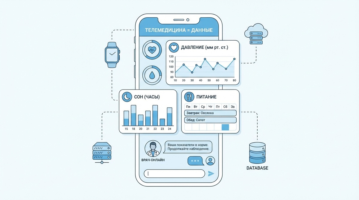  приложения с графиками давления, иконки фитнес-браслета, календаря с отметками о питании, график сна