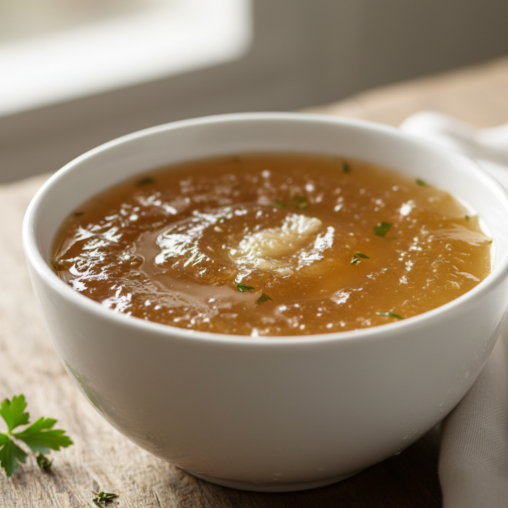 Вот как выглядит правильный костный бульон после ночи в холодильнике — плотное янтарное желе. Это желатин из коллагена костей и хрящей. Если бульон остался жидким — значит, варился слишком мало или костей было недостаточно