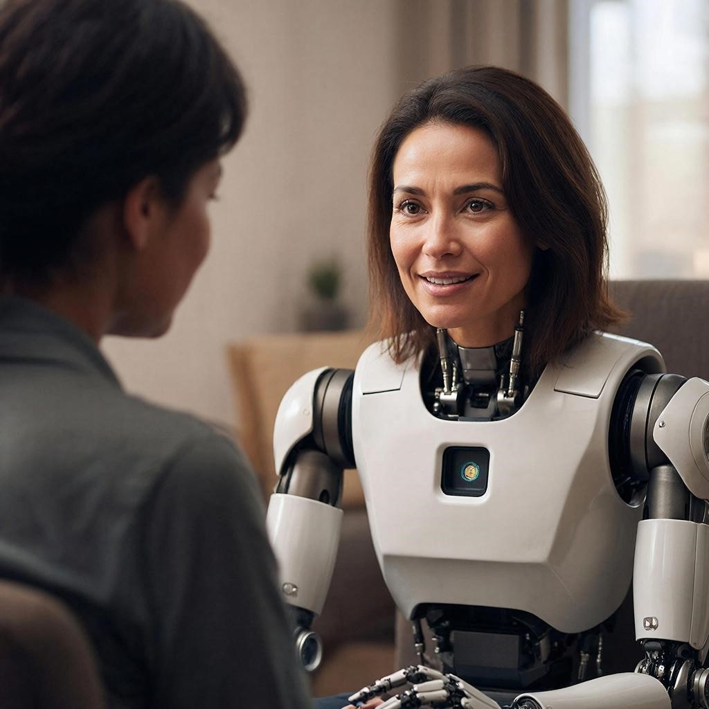 Нарисуй фото-реалистичную девушку-психолога. Она внимательно слушает человека, лицо, которого мы не видим, т.к. он спиной к нам. У нее очень располагающее доброе выражение лица. Но она - робот.