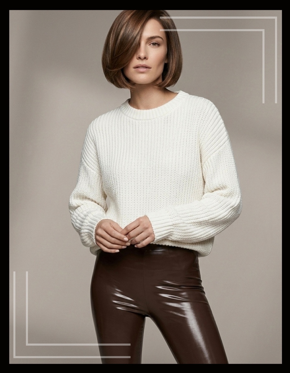 Пример образа с сочетанием двух главных трендов: «уютного» за счет свитера в популярном оттенке с крупной вязкой и «дерзкого» за счет латексных брюк. Фото автора статьи