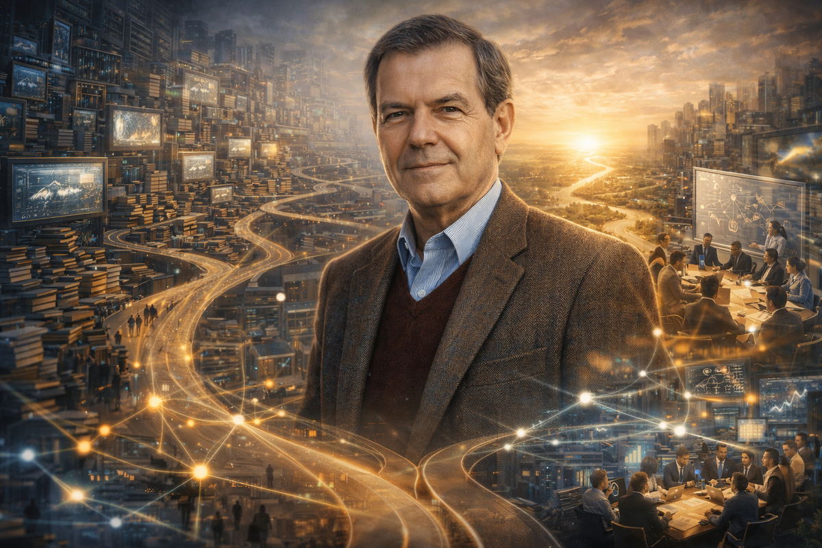 Большая многослойная композиция. На переднем плане — Эдвард де Боно как крупный мыслитель XX века, спокойный, уверенный, в пиджаке, смотрящий прямо или чуть в сторону. За ним — огромный мир идей: развилки мышления, интеллектуальные траектории, схемы, световые связи между далёкими понятиями, современный город, книги, аудитории, переговорные комнаты, люди за обсуждением. В композиции чувствуется главное: этот человек изменил саму культуру мышления. Атмосфера масштаба, ясности, интеллектуального прорыва и цивилизационного влияния.