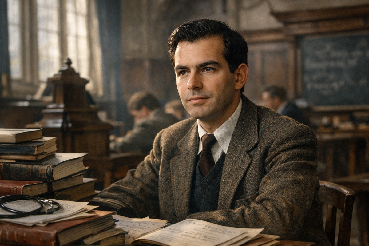 Молодой Эдвард де Боно в середине XX века: умный, собранный, амбициозный студент в европейской академической среде. Вокруг — атмосфера университета, книги, конспекты, медицинские и философские труды, старинные аудитории, свет из высоких окон. На лице — спокойная сосредоточенность человека, который ещё не знаменит, но уже думает иначе, чем большинство.