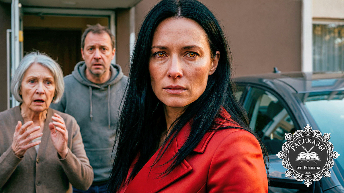 Женщина с черными волосами и янтарными глазами, в ярко-красном пальто, стоит у машины. На заднем плане в дверях подъезда стоит растерянный мужчина в тусклом сером свитере и пожилая женщина, их лица выражают шок и осознание краха.