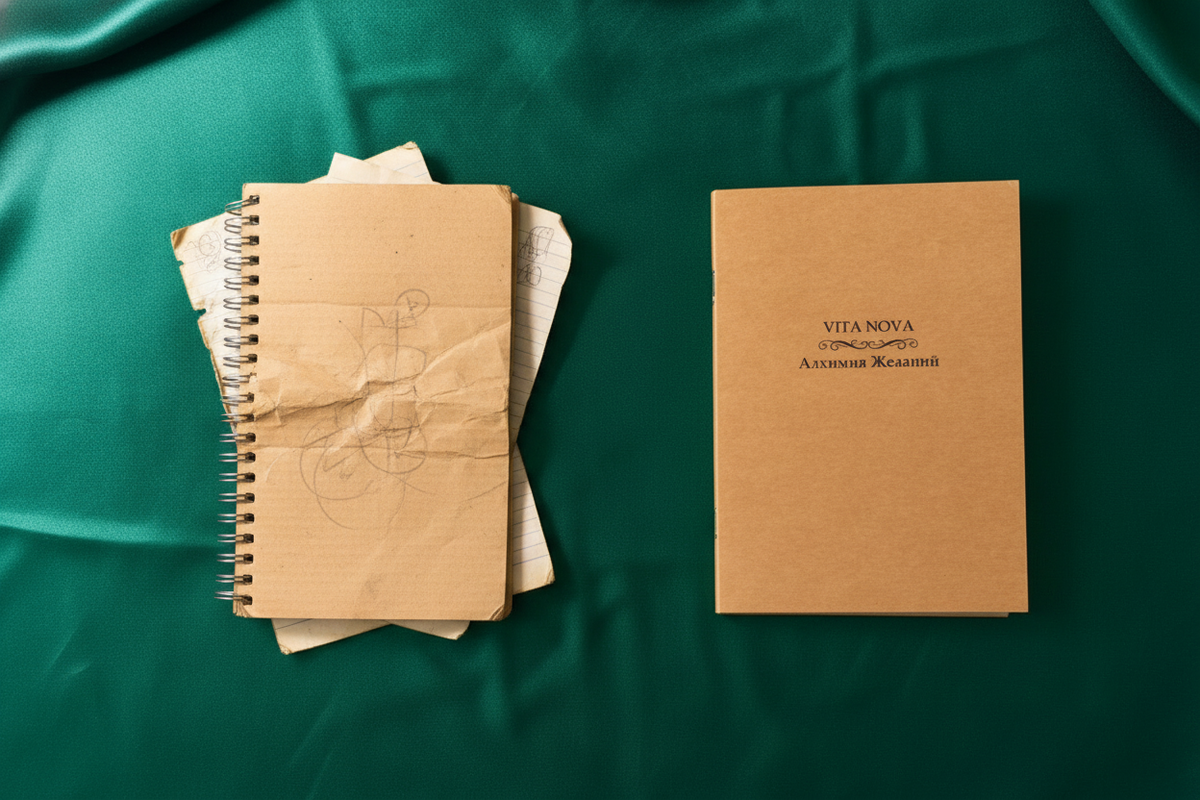 Потрёпанный временем (месяц использования) покупной блокнот слева. И авторский блокнот ручной работы VITA NOVA после месяца ведения. 