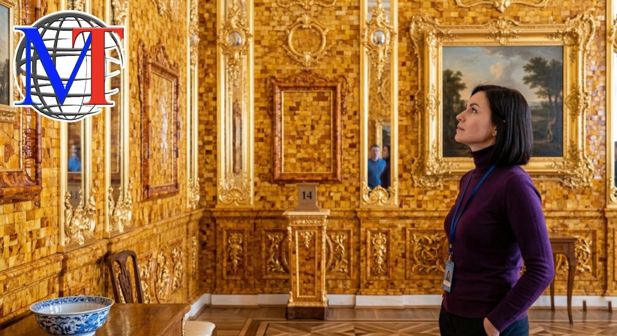 Посетительница, завороженная красотой янтарных стен.