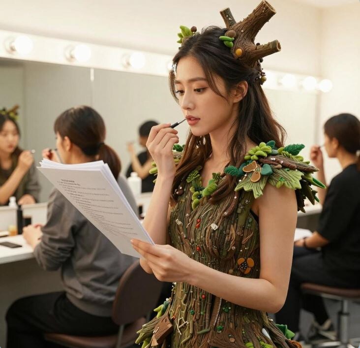 Это сгенерировала flyvi.io "Нарисуй фото-реалистичную девушку-актрису, которая репетирует роль в своей гримерке. Она одета в костюм дерева. В ее руках распечатанная толстая пачка с текстом роли. Рядом сидят другие актрисы и красятся."