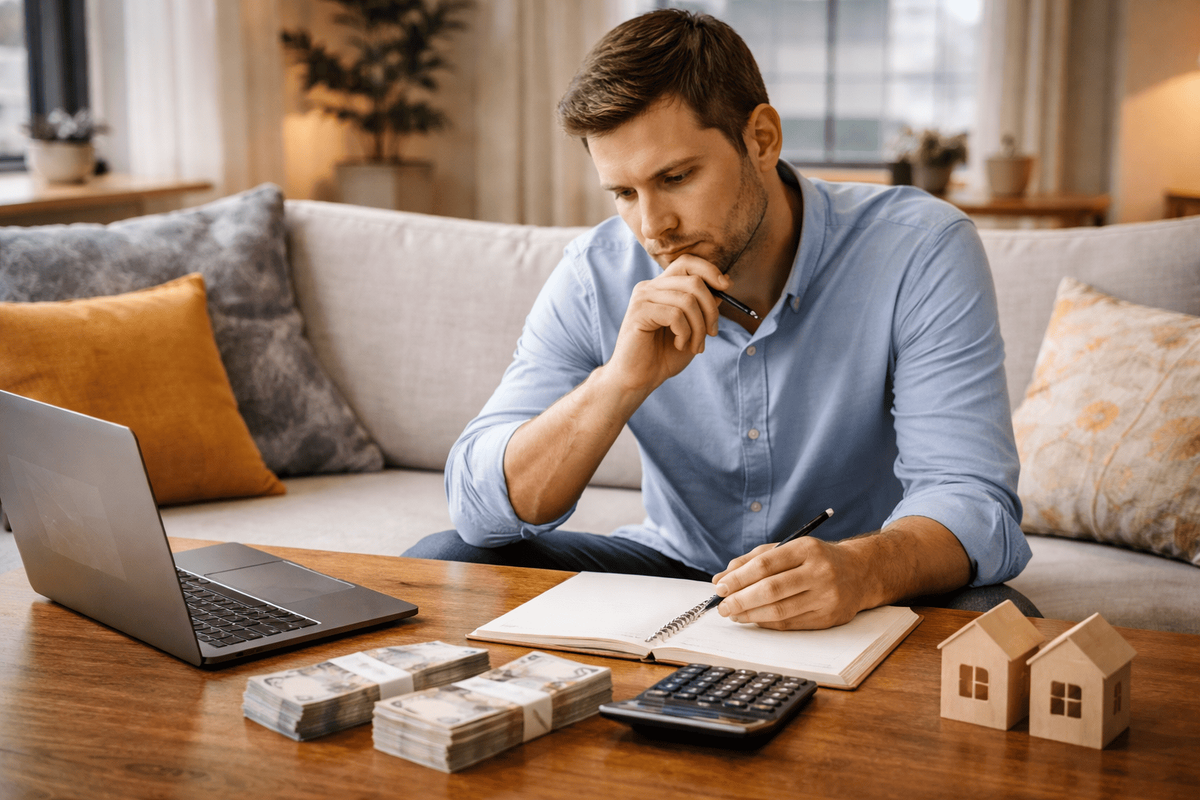 Мужчина дома за столом сравнивает ипотеку и покупку квартиры за наличные, рядом ноутбук, калькулятор, блокнот, деньги и макеты домов.