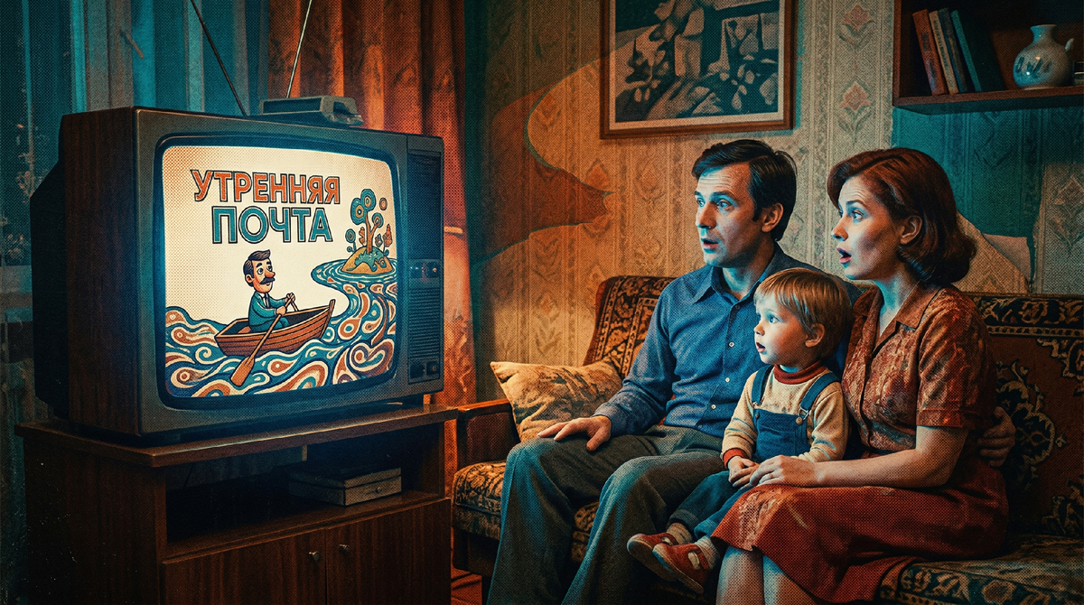 Классическая советская семья завороженно смотрит телевизор.