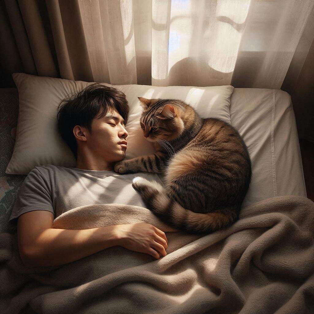 кошка мирно спит со своим хозяином