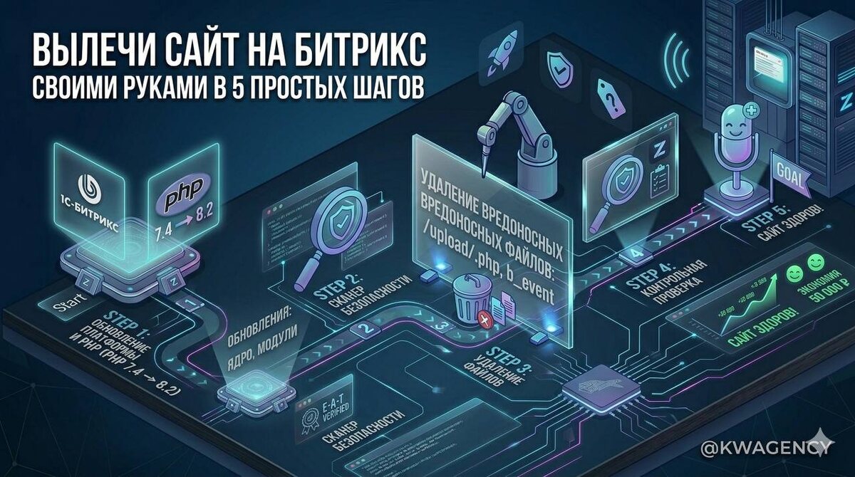 картинка иллюстрирует 5 шагов лечения сайта на битриксе 