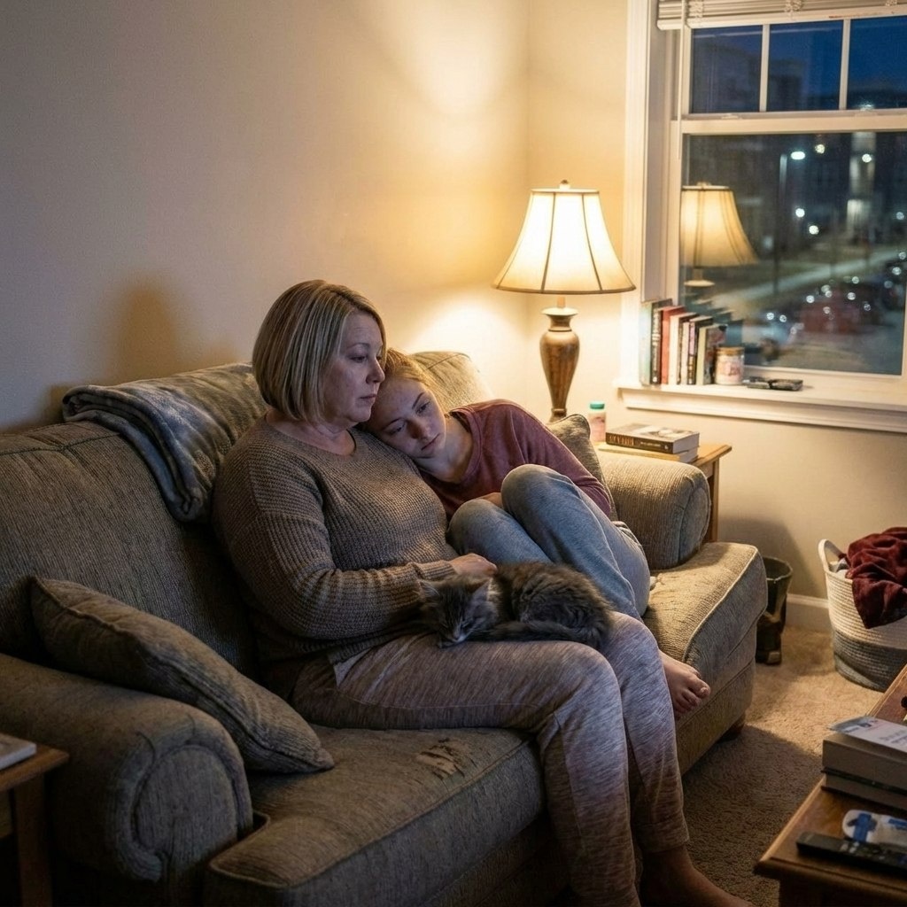 Я сажусь, она кладёт голову мне на плечо 