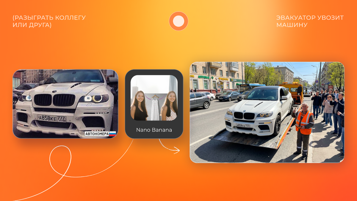 Промпт: Сохрани модель, марку, цвет и все уникальные детали машины с загруженной фотографии, включая номерной знак. На оживлённой городской улице эвакуатор с платформой загружает эту машину. Машина стоит с включённой аварийкой. Рядом стоит водитель эвакуатора в жилете и делает жест «всё в порядке». На заднем плане прохожие снимают на телефоны. Солнечный день, весна,  резкие тени, высокая детализация, как в репортажной съёмке. Фото, сделанное на iPhone, широкий угол.
