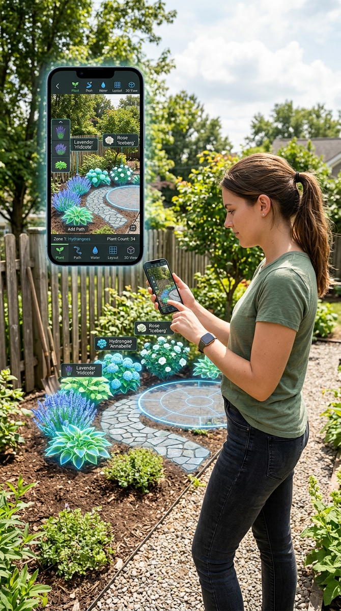 Умный сад с автоматизацией. Роботизированная газонокосилка, датчики влажности, автополив и голографический интерфейс управления.