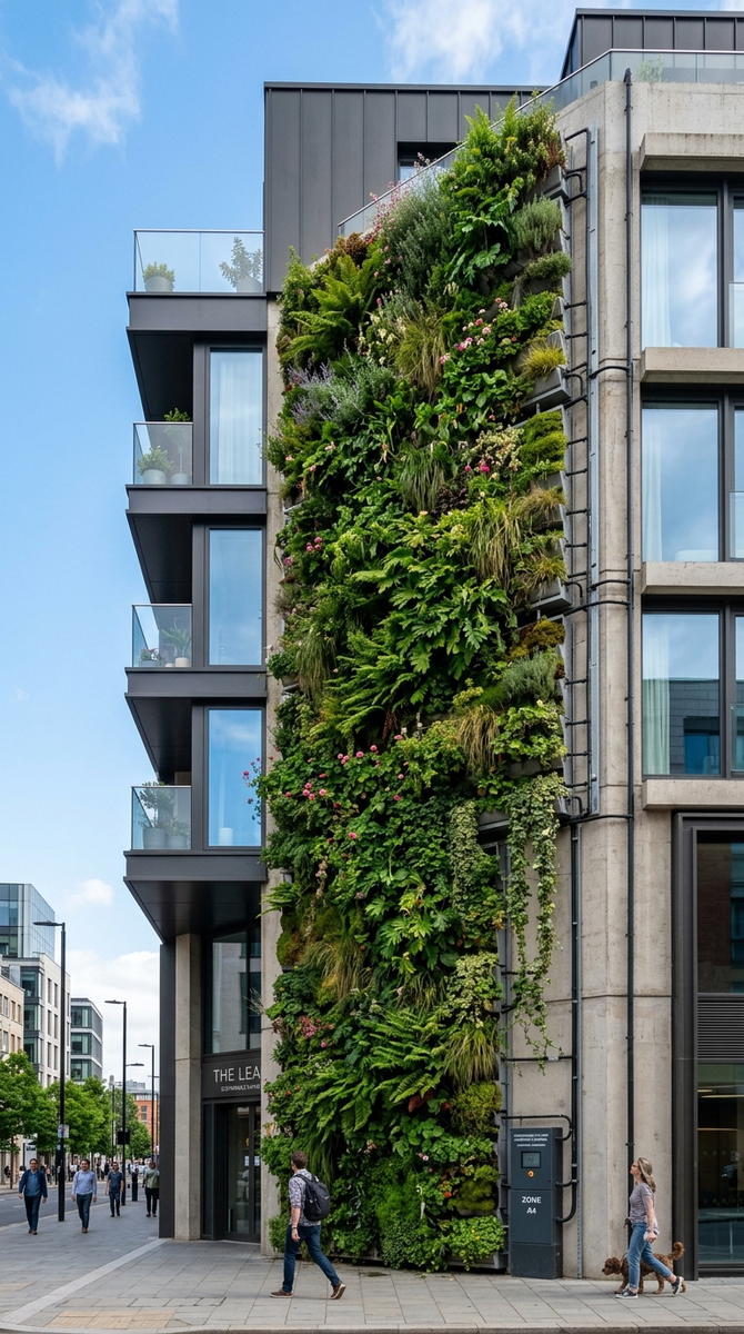 Живая стена на фасаде здания с автоматической системой орошения.