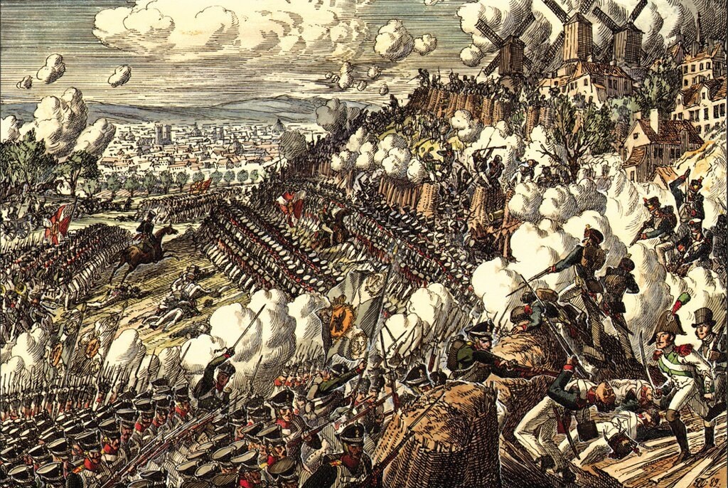 Russian army attacking Montmartre Heights. The Battle of Paris or the Storming of Paris[2] (30–31 March 1814) saw the Allied forces of Russia, Austria, Prussia, and Württemberg attack Paris defended by troops of the First French Empire under Joseph Bonaparte. Ссылка: https://en.wikipedia.org/wiki/Battle_of_Paris_(1814) Для справки: Взятие Парижа в 1814 году — завершающее сражение войны Шестой коалиции, после которого Франция капитулировала, а император французов Наполеон Бонапарт отрёкся от трона. Дата: 18 (30) марта — 19 (31) марта 1814 года. Командующие: Александр I (Россия), Михаил Барклай-де-Толли (Австрийская империя), Карл цу Шварценберг, Гебхард фон Блюхер, Евгений Вюртембергский (Франция). В штурме французской столицы участвовали в том числе Астраханский гренадерский полк и Астраханский кирасирский полк.