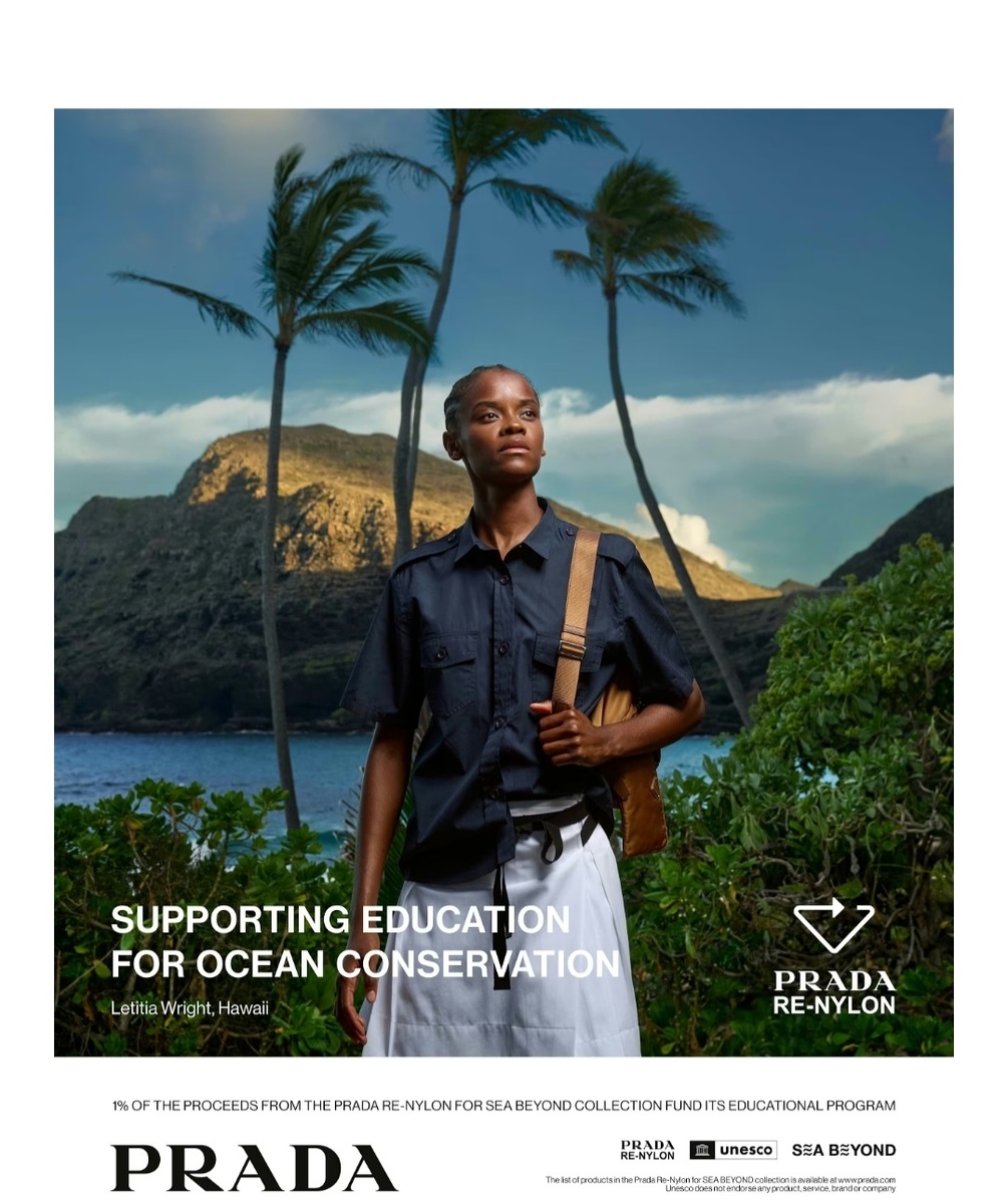 Летиша Райт  в кампании Prada в рамках экологических  проектов  Re-Nylon и Sea Reyond. Матеотал: Prada.