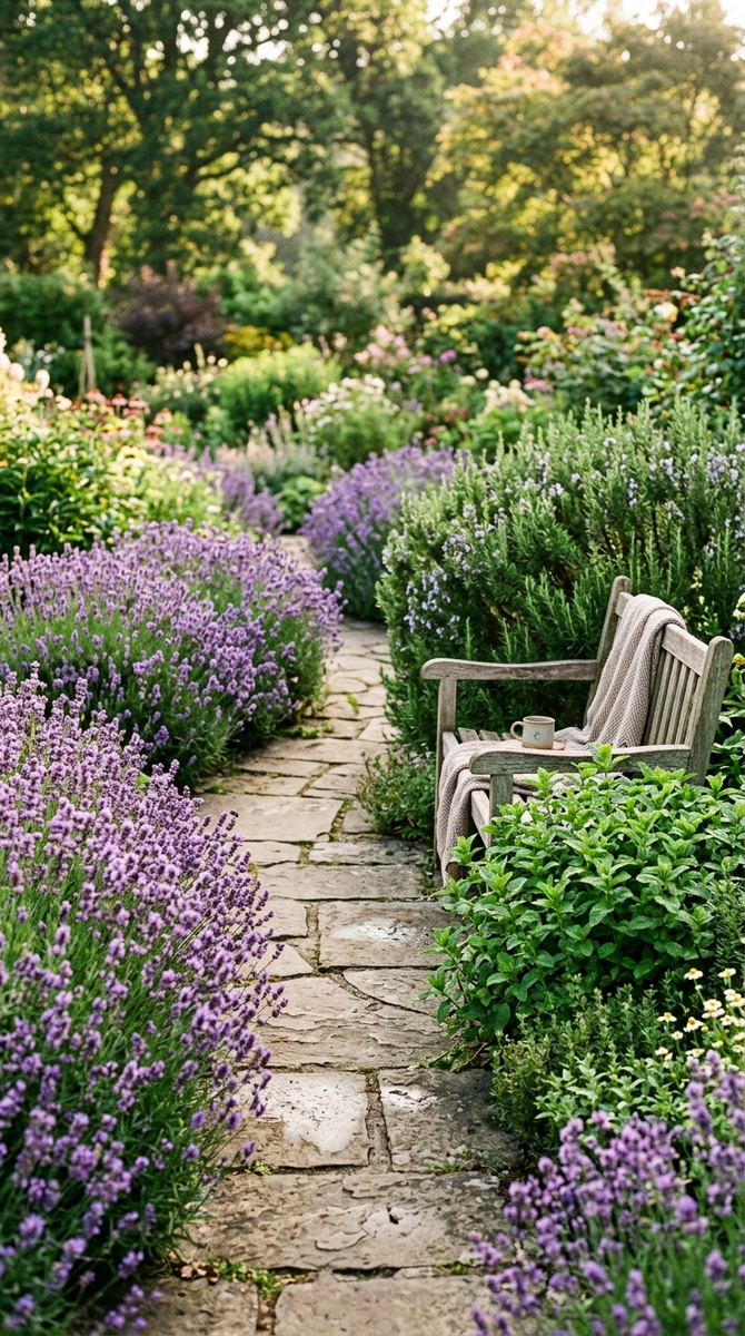 Дорожка с лавандой, мятой у скамейки и розмарином — сеанс ароматерапии на свежем воздухе.