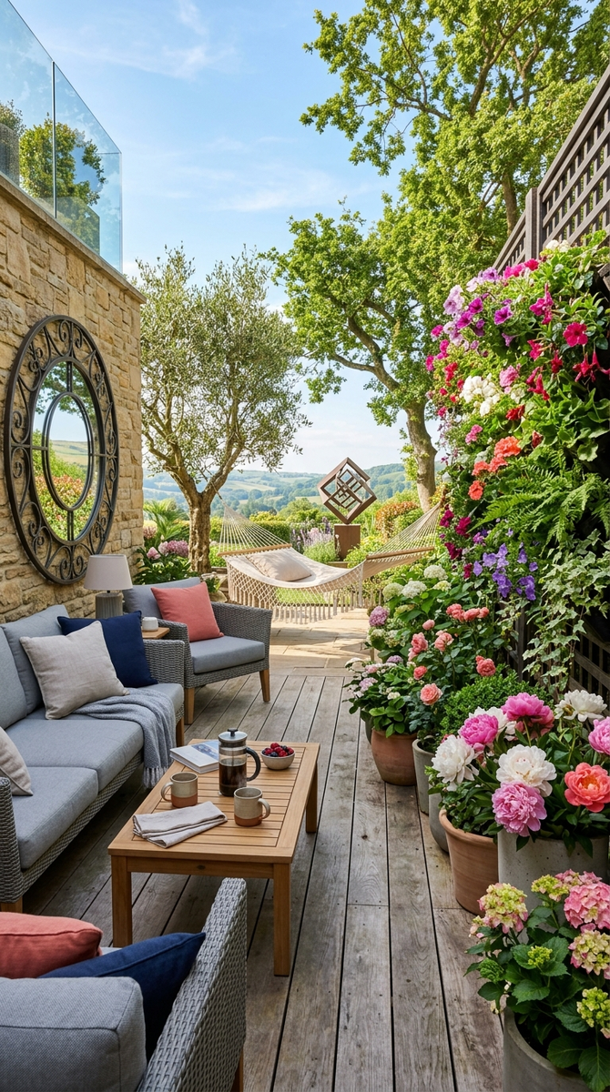 Цветущие пионы, вертикальный сад с ампельными цветами и уютная зона для утреннего кофе.