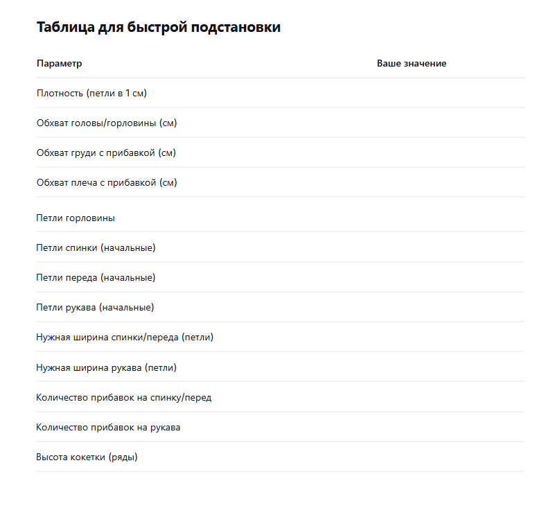 Таблица для ваших размеров