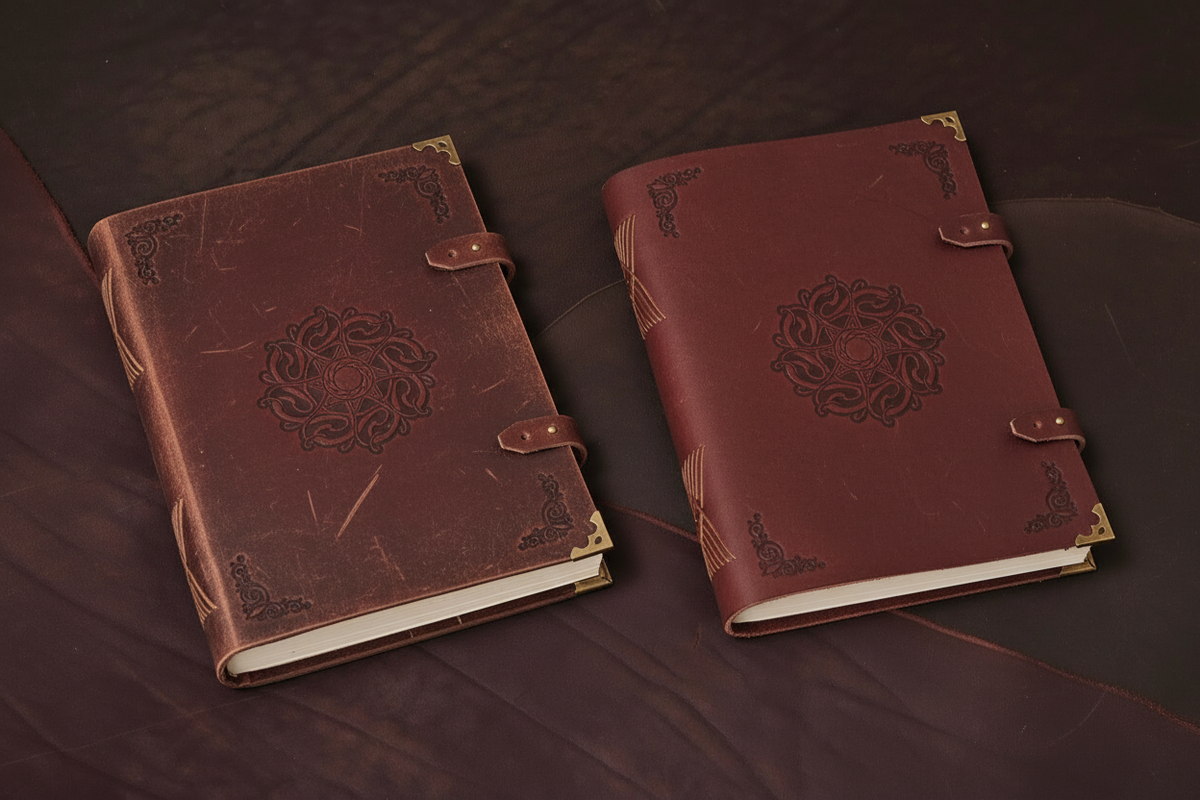 Блокнот из натуральной кожи с Кельтским тиснением бренда ОКСИС_АРТ (создательница Абакумова Оксана). Слева - после многолетнего использования, справа - новый.