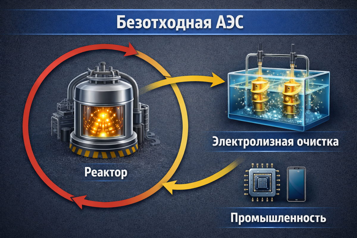 Схема-петля «Безотходная АЭС». В центре — реактор, от него стрелка к блоку «Электролизная очистка» (изобрази ванну с пузырьками и электродами, на которых нарастают слитки). От этого блока две стрелки: одна ведет в «Промышленность» (иконки чипа и смартфона), а вторая возвращается обратно в «Реактор». Это визуально подтвердит идею «вечного» использования ресурсов.