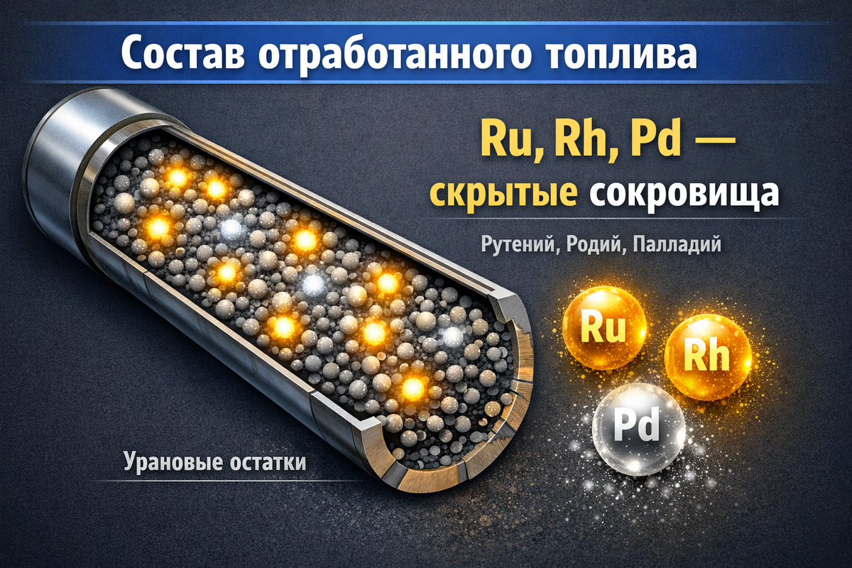 Инфографика «Состав отработанного топлива». Изобрази цилиндрический топливный стержень (ТВЭЛ) в разрезе. Внутри него — хаотичные серые точки (урановые остатки) и яркие, светящиеся золотым и серебряным вкрапления: подпиши их «Ru, Rh, Pd — скрытые сокровища». Это наглядно покажет читателю, что ценность буквально перемешана с отходами.