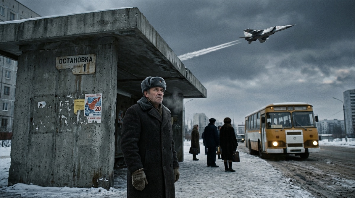 Гражданин СССР на остановке на фоне пролетающего истребителя