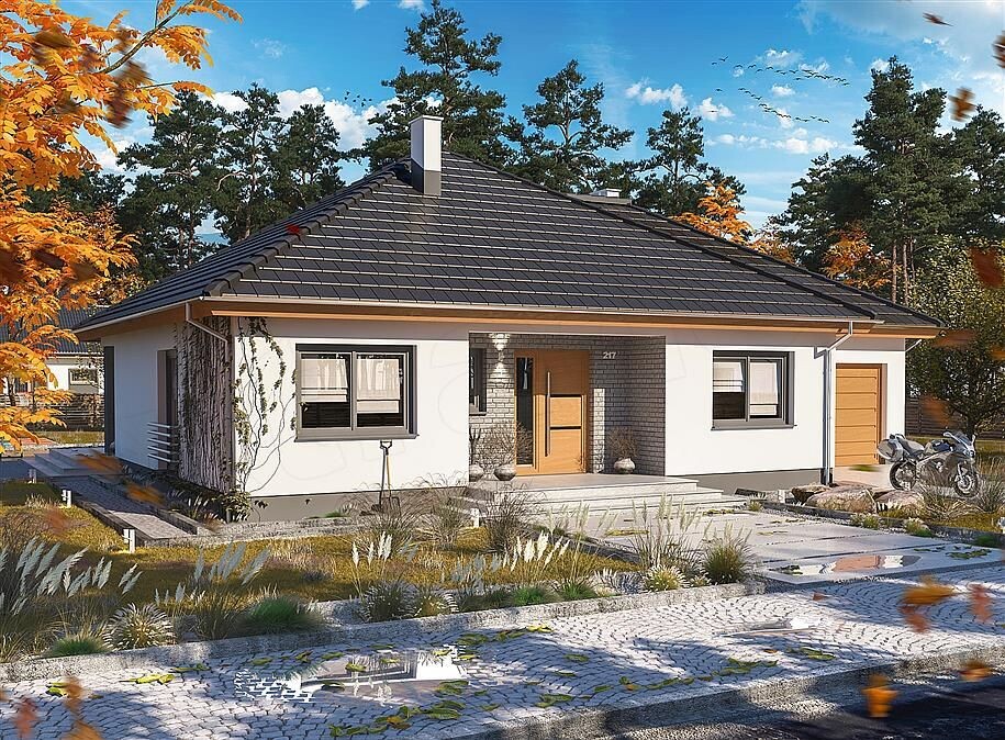 Примерно такой дом мы хотели с серыми окнами и крышей