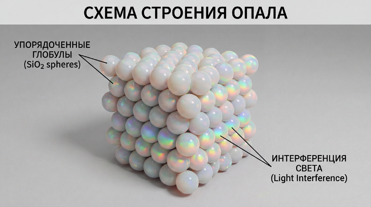 Опал состоит из мельчайших шариков-глобул. Их правильная упаковка создает радужное свечение