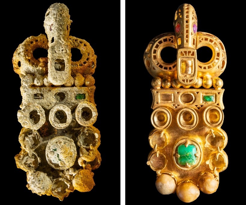 Золотая пряжка, украшенная рубинами, изумрудами и жемчугом, до и после реставрации — один из многих предметов, обнаруженных археологами у острова Млет.