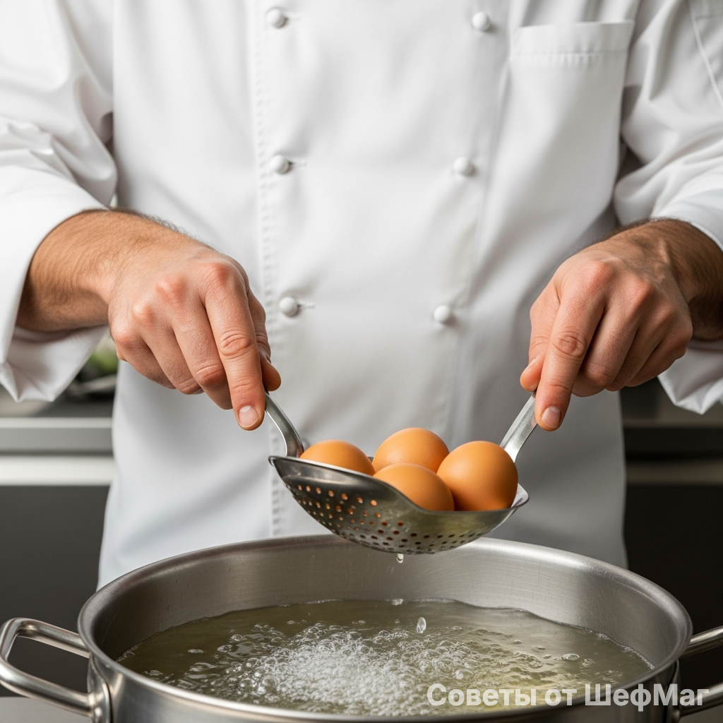 Аккуратное погружение яиц в кипящую воду - залог легкой чистки.