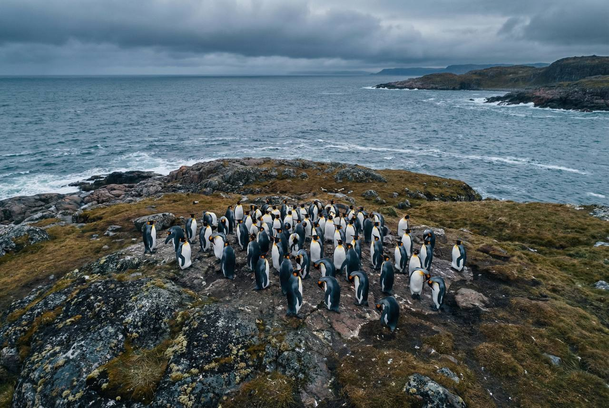 Колония из 45 королевских пингвинов на скалистом берегу острова Малый Олений. Снимок с дрона