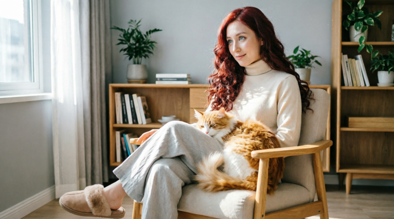 женщина сидит с котом на коленях