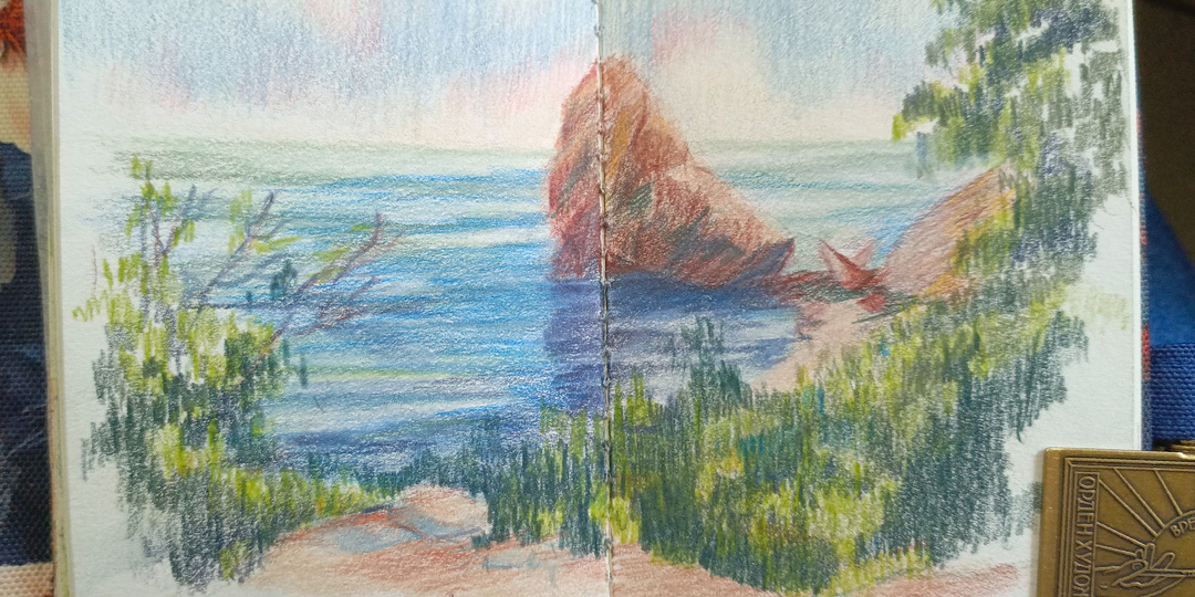 Морской пейзаж цветными карандашами.