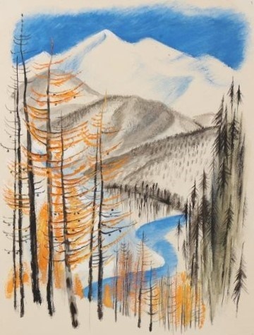 Н.А.Устинов. Иллюстрация к книге Г. Снегирёва «Черничное варенье». Акварель. 1968. Челябинский ГМИИ.