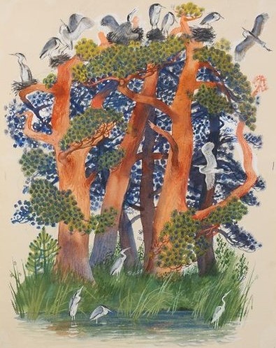 Н.А.Устинов. Иллюстрация к книге И. Соколова-Микитова «Ласточки и стрижи». Акварель. 1968. Челябинский ГМИИ.