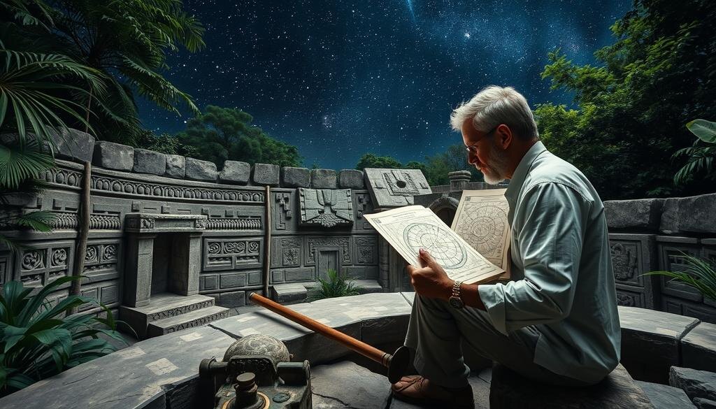    Древний астроном майя изучает небесные паттерны на каменной обсерватории, окруженной густыми джунглями и звездным небом.
