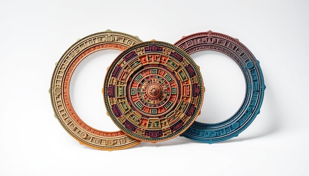    Искусственное изображение календарной системы майя с взаимосвязанными циклами, яркими цветами и мистическими узорами.